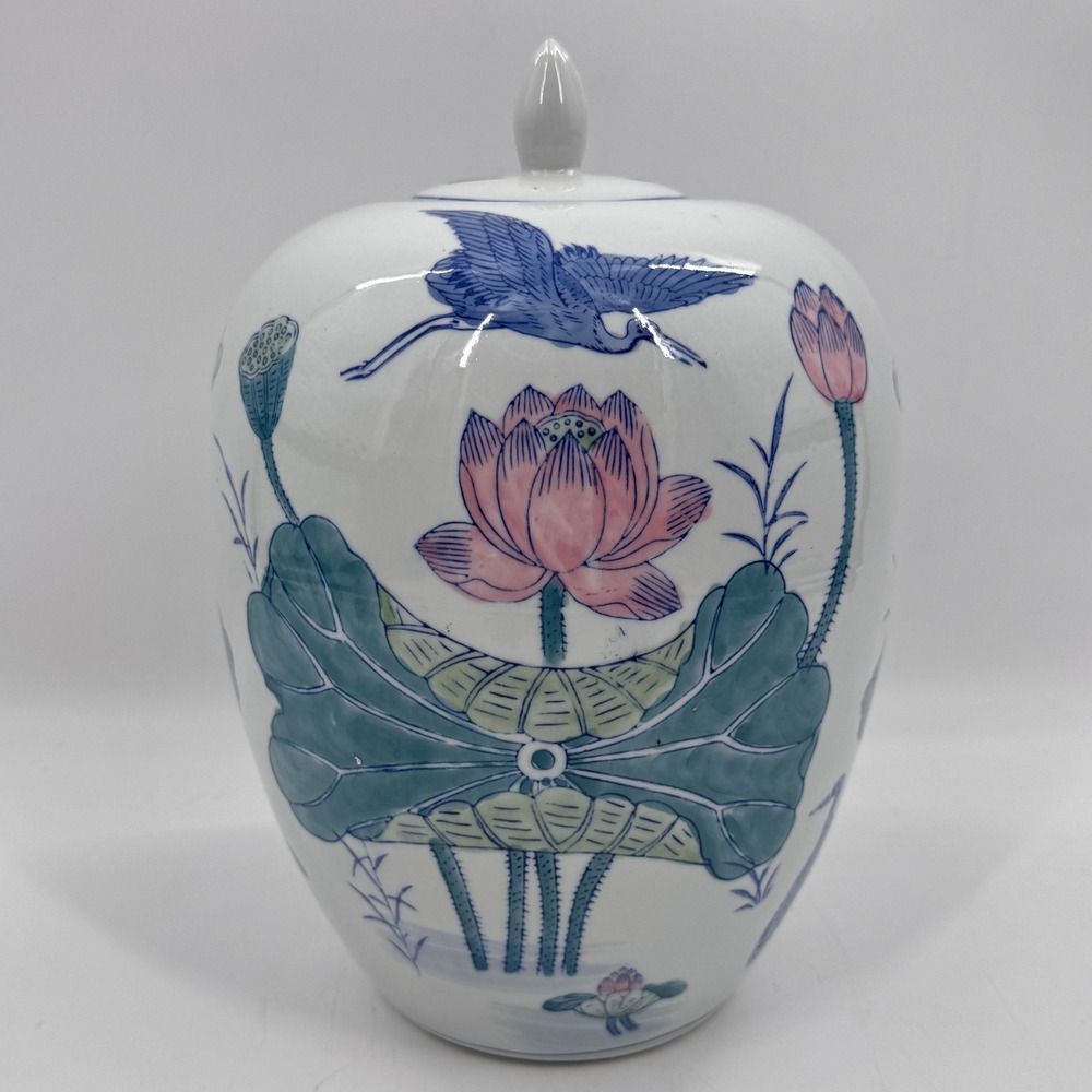 Vintage Chinese Lotus & Crane Ginger Jar Lidded Porcelain Famille Verte Style - Picture 3 of 9